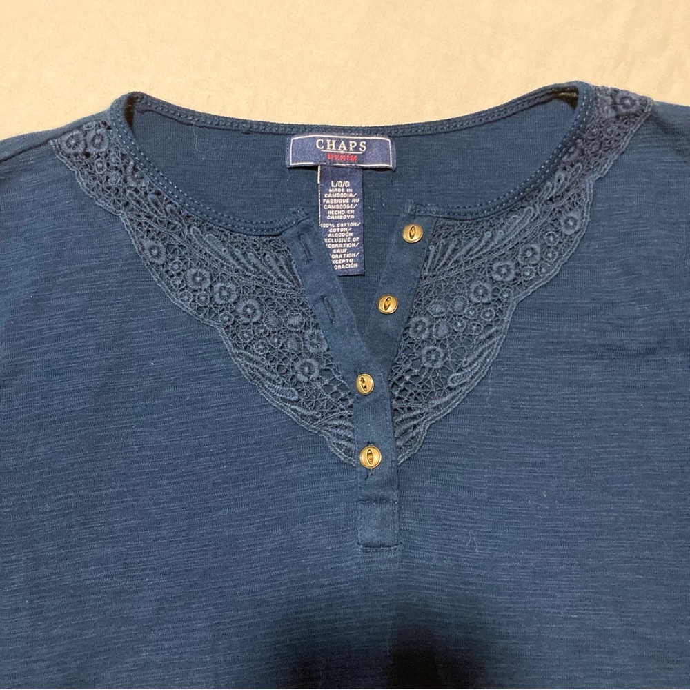 Chaps Navy Blue Henley Top with 3/4 Sleeves and Lace Collar Detail - Picture 10 of 10